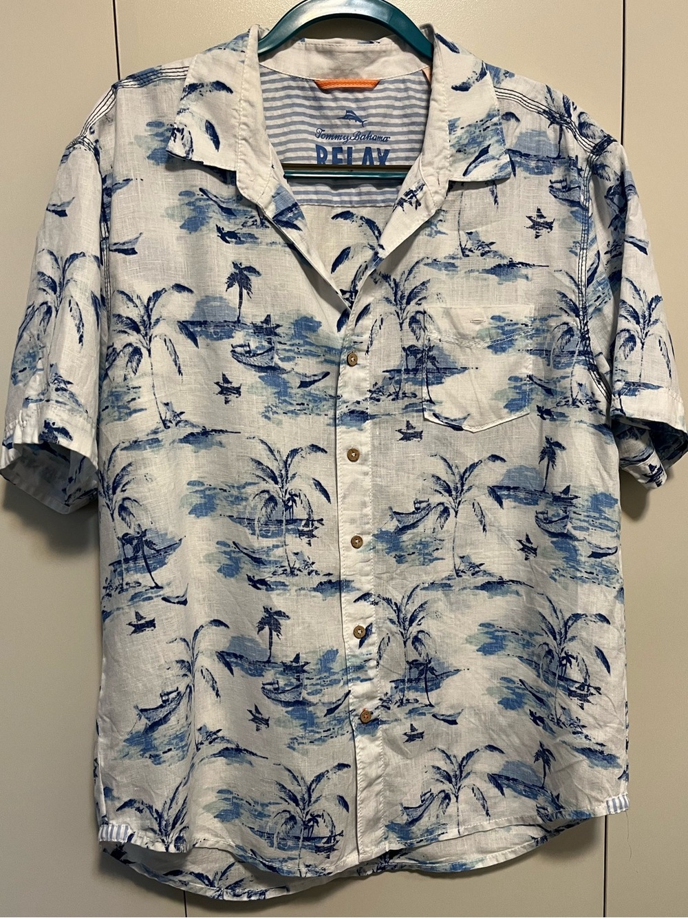 Tommy Bahama Relax 100% Linen White and Blue Tropical Print Short Sleeve Shirt
